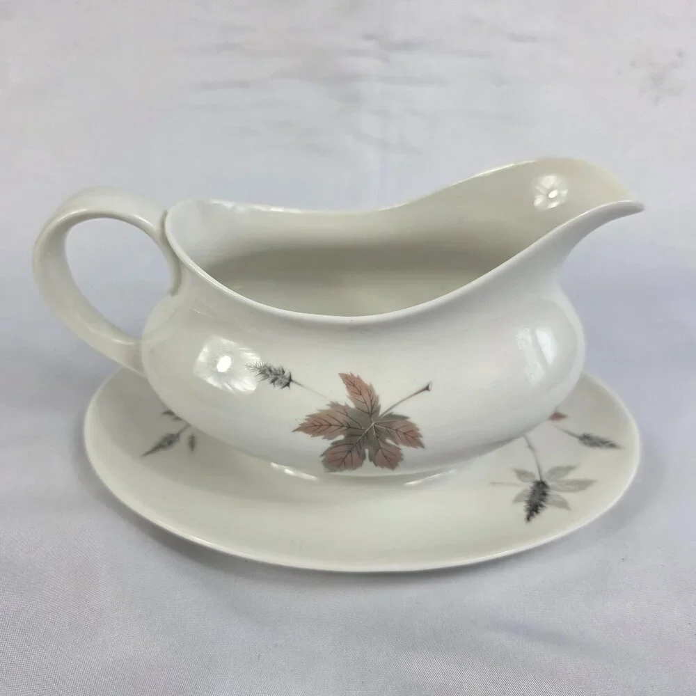Royal Doulton Tumbling Leaves Gravy Boat & Underplate Gray & Pink Leaves